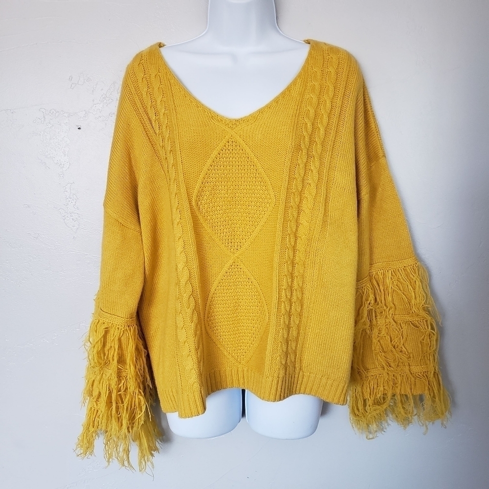 Pink Lily Small Oversized Mustard Yellow Long Sleeve Knit Sweater Fringe Boho